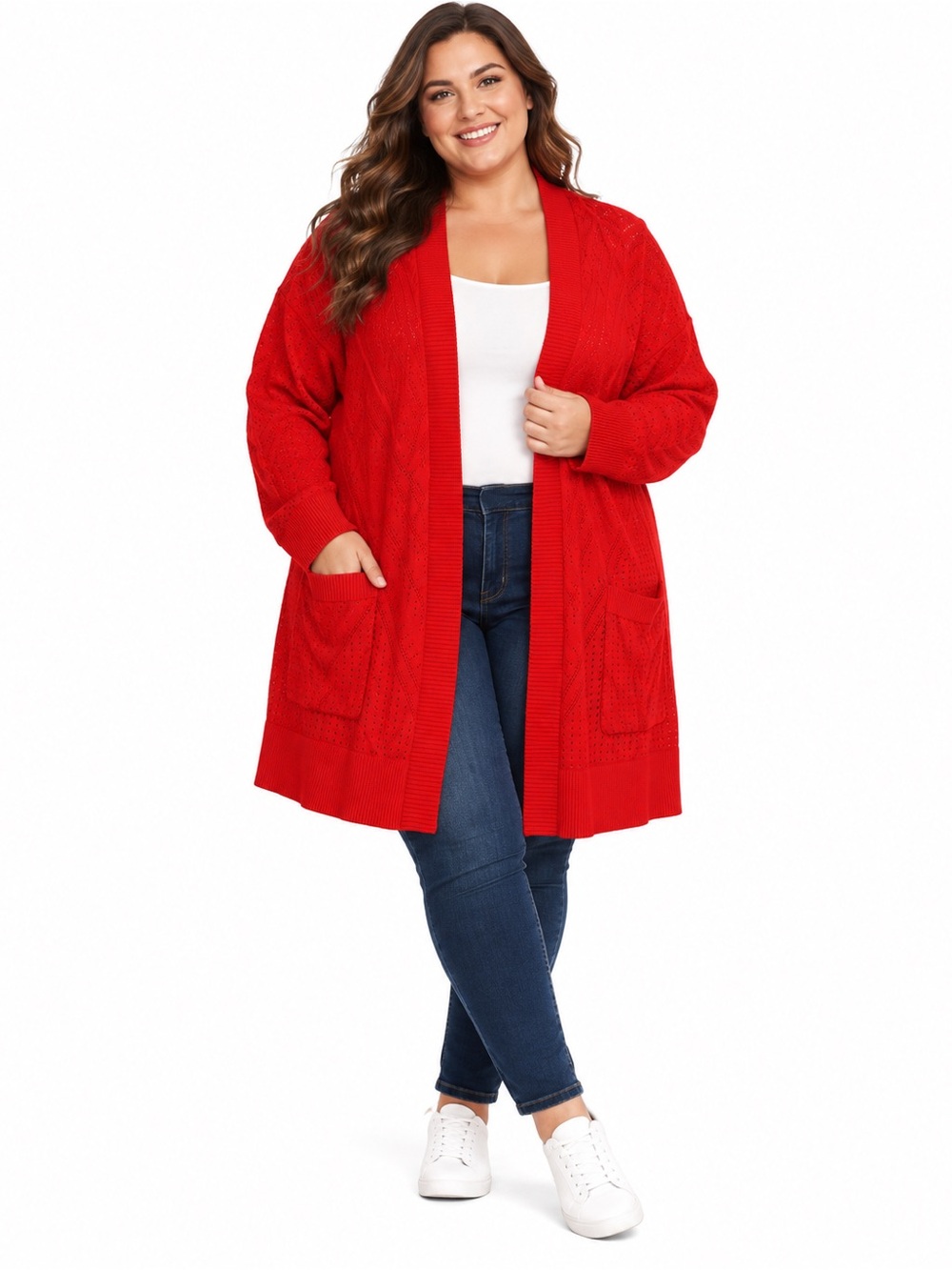 Torrid Pointelle Open Front Longline Cardigan Red 3X Plus Size Statement Knit